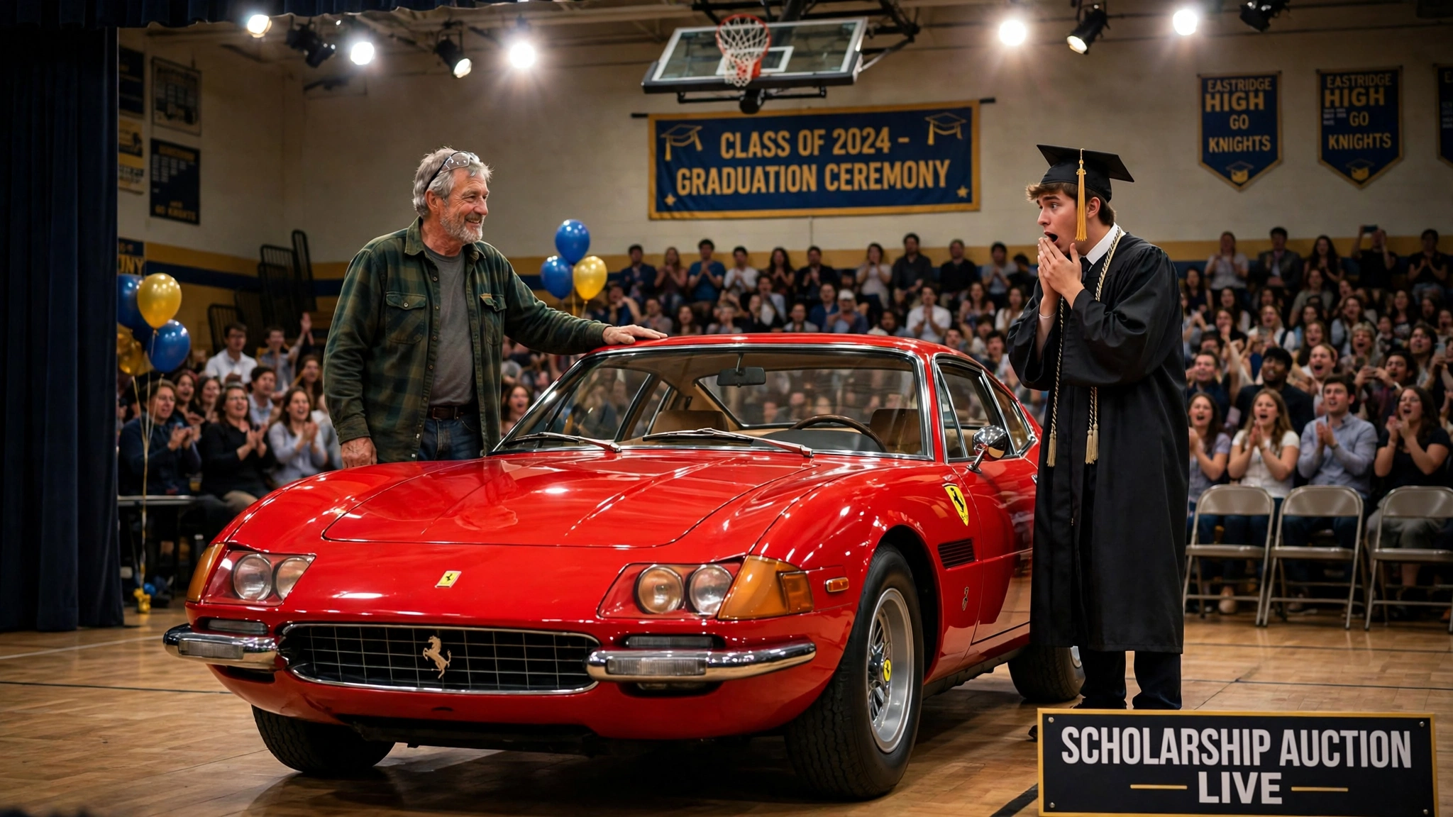 His son mocked his junk car at pickup — then graduation day put a Ferrari on the stage